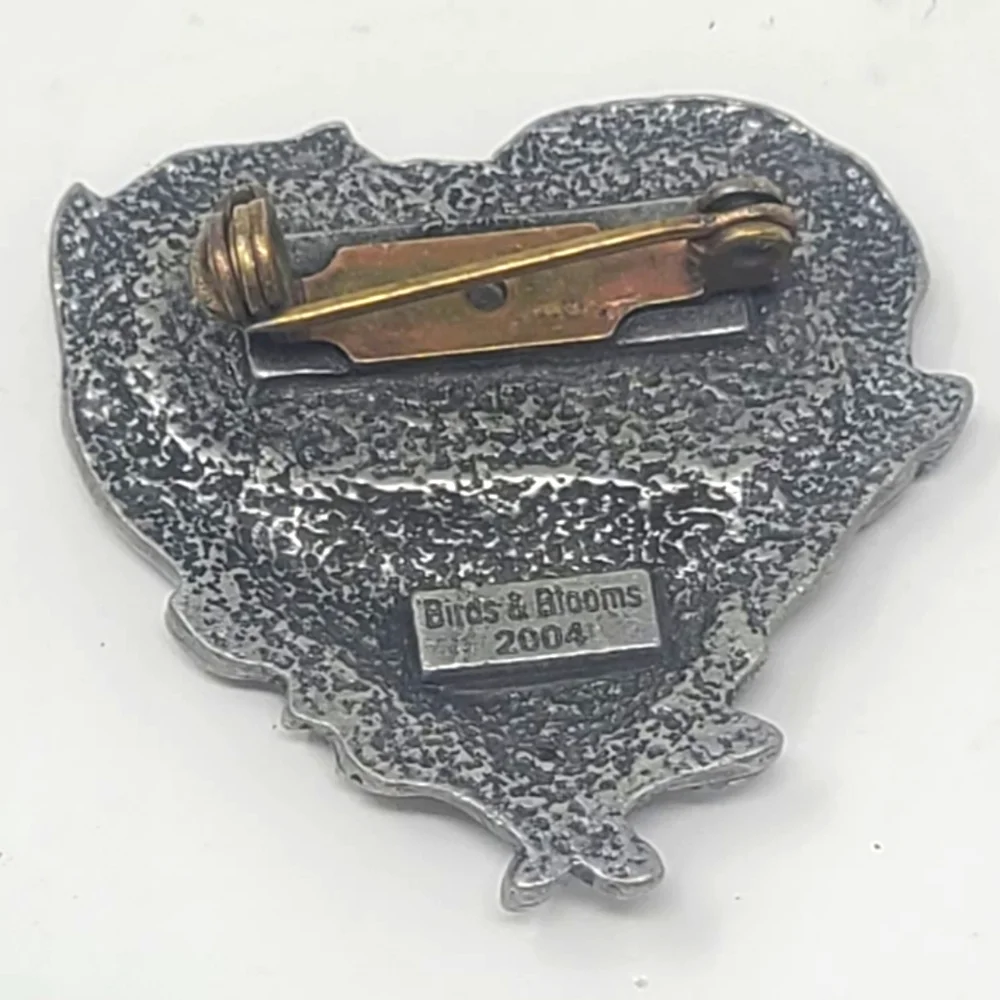 TG signed Birds & Blooms Heart bird nest silver tone‎ 2004 brooch pin romantic
